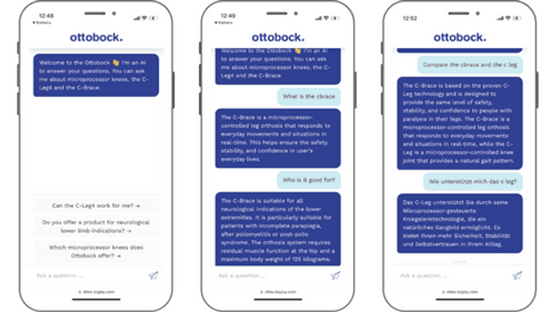 Three phones with an opened Chatbot are displayed. All of them show the Ottobock chatbot, that was created using the LoyJoy Platform.