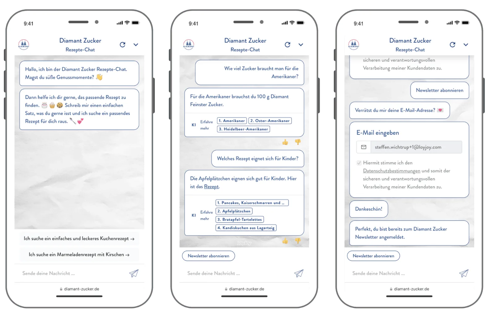The Diamant Zucker chat experience is shown. Ask any question you have about a recipe or pick one of the two options. Search for new recipes and rate the results. Sign up for the Diamant newsletter.