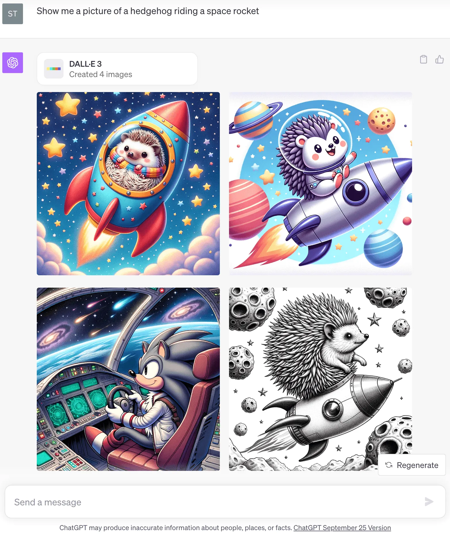 The image shows the ChatGPT interface and the prompt "Show me a picture of a hedgehog riding a space rocket.". DALL-E 3 then created four different images.