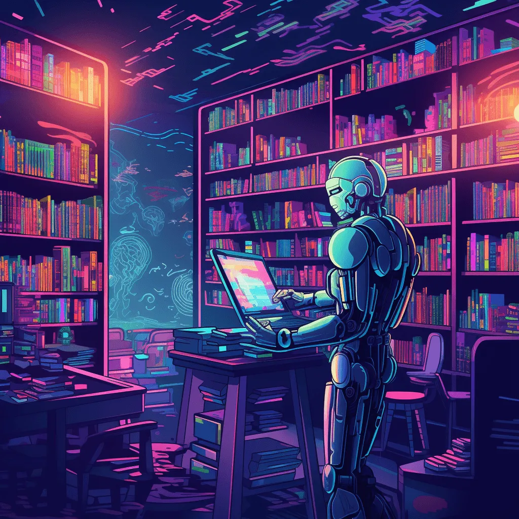 A robot stands in a library and uses a laptop computer.