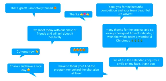 Customer Feedback in speech bubbles. Some examples are: Thats great! I am totally thrilled. Thanks. Thank you for the beautiful competition and your team beautiful third Advent.
