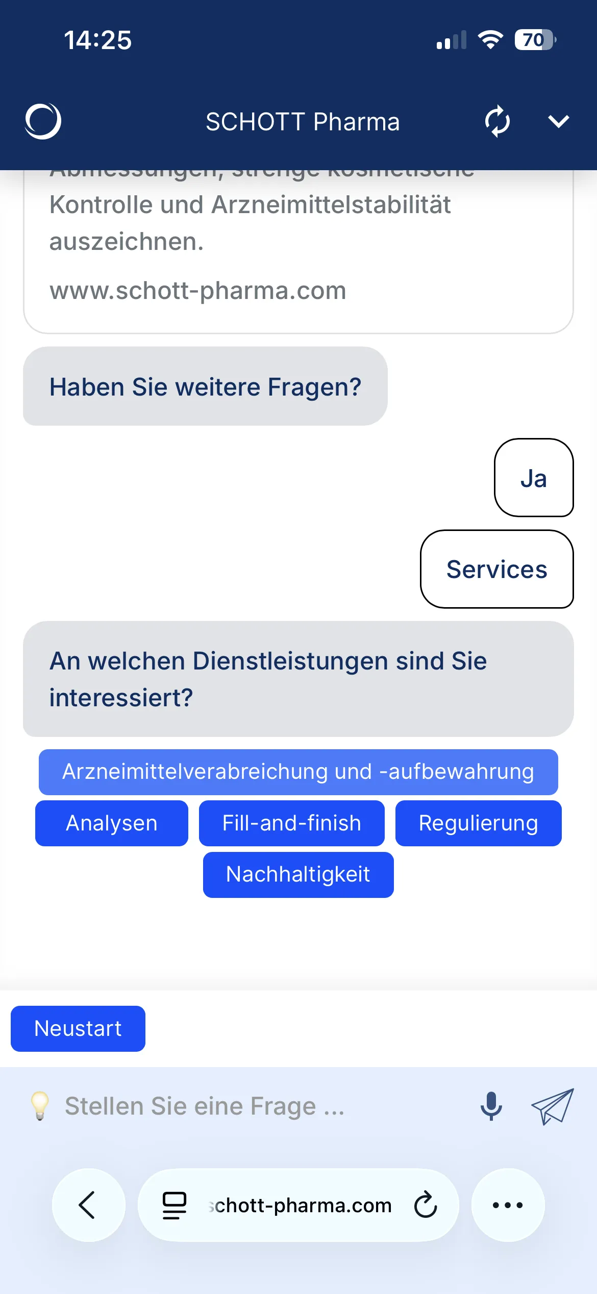 Auswahl der gewünschten Dienstleistungen bei SCHOTT Pharma