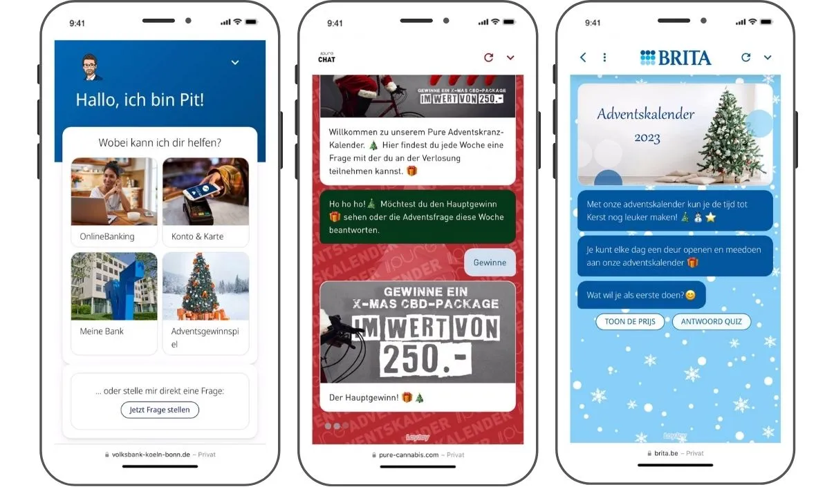 The three Advent Calendar experiences of Volksbank Köln Bonn, pure cannabis and brita belgium are shown.