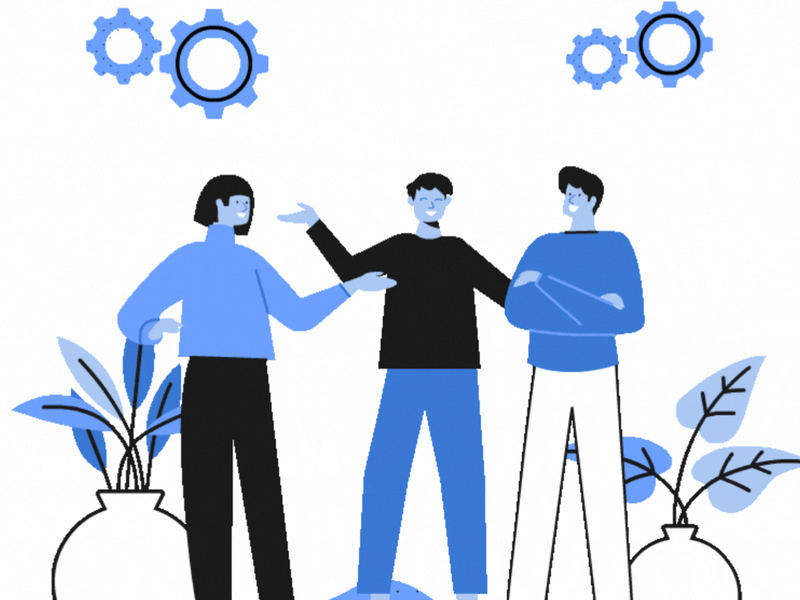 Three people standing between plants and are talking to each other.
