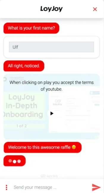 A chat experience, where a customer typed in his name to participate in a raffle.