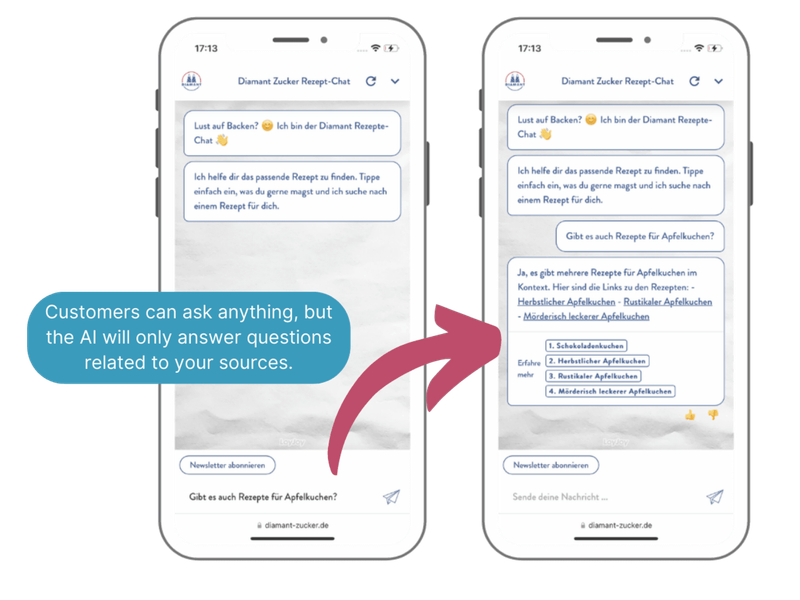 An conversational experience that features ChatGPT is shown. It emphasises, that customers may ask anything, but the AI will only answer questions related to your sources.