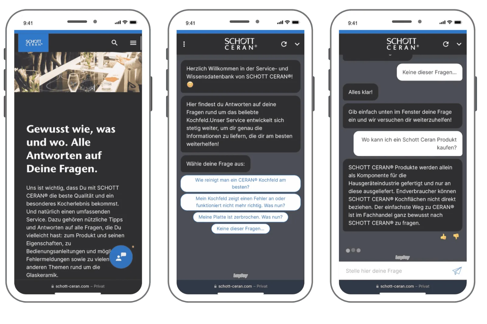 Das Schott CERAN Chat-Erlebnis wird gezeigt. Kunden können eine der beliebtesten Fragen auswählen oder eine freie Frage stellen, die von GPT beantwortet wird.
Um die Qualität des Chats zu überwachen, wird eine NPS-Umfrage durchgeführt.