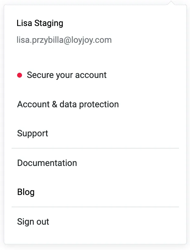 all important features after clicking on the user icon: Secure your account, account & data protection, support, documentation, blog, sign out.