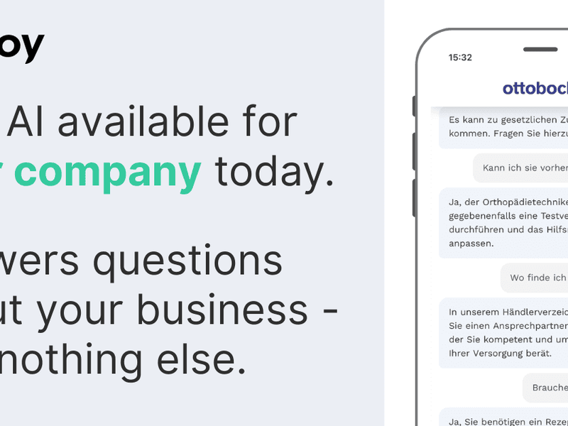 On the left hand side it is mentioned that the GPT AI is available for your company today and that it answers questions about your business and nothing else. On the right hand side a smartphone with an opened Chatbot that was created using the LoyJoy Platform is shown.
