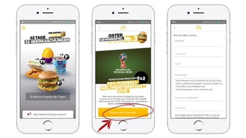 Three iPhones are displayed. On the left one the McDonalds website is opened. The one in the middle shows the easter raffle and the right one shows the registration form for the raffle.