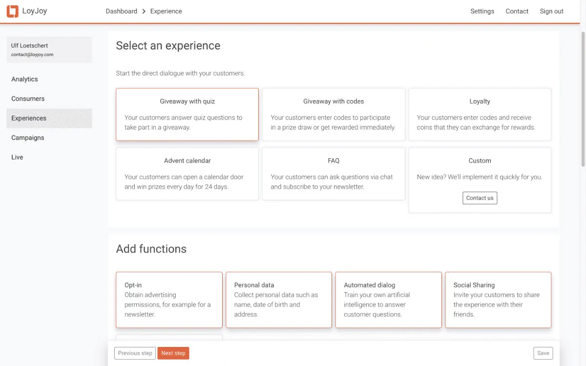 The LoyJoy platform. Where one can choose betwenn different experience styles.