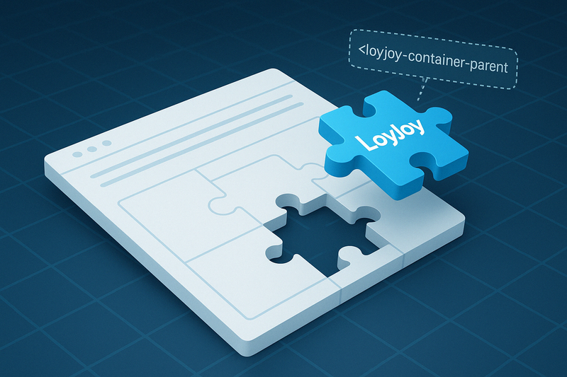 A jigsaw puzzle with a missing piece. The missing piece is labelled LoyJoy. Above it a speech bubble with the content '<LoyJoy-container-parent'.