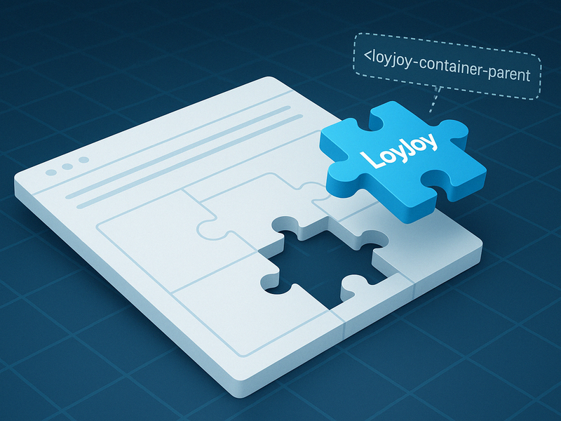 A jigsaw puzzle with a missing piece. The missing piece is labelled LoyJoy. Above it a speech bubble with the content '<LoyJoy-container-parent'.