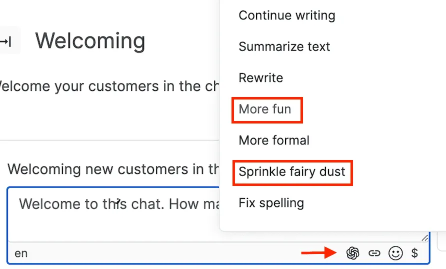 Click on the ChatGPT logo and choose between: continue writing, summarize text, rewrite, more fun, more formal, sprinkle fairy dust, fix spelling.