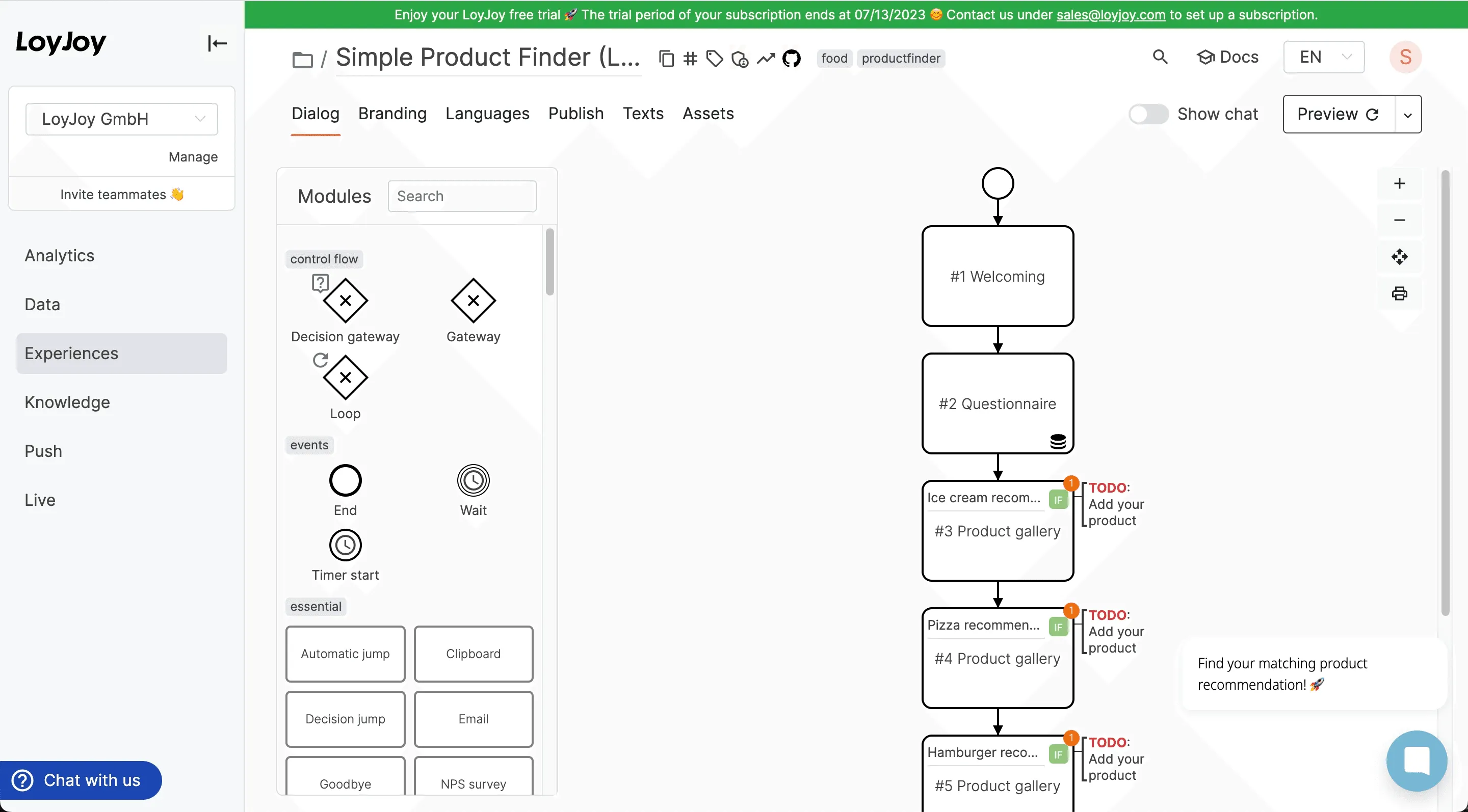 An overview of the LoyJoy process editor is given. As well as an example, how to create a conversational experience.