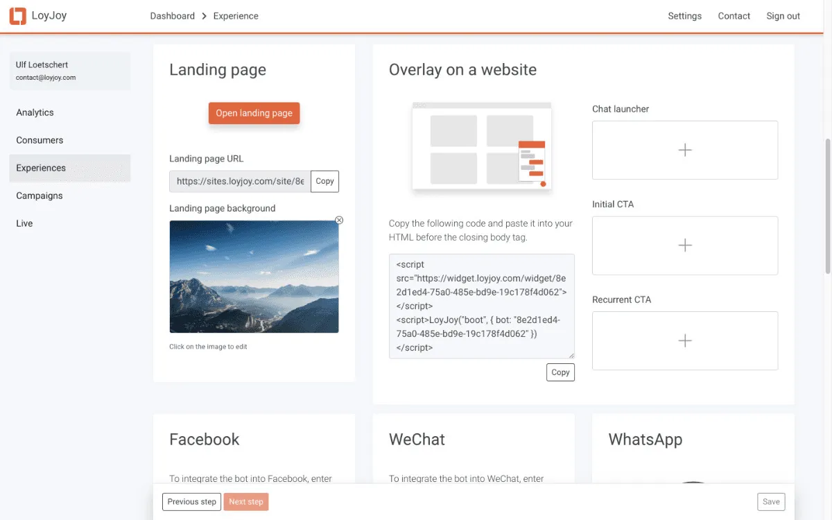 Various editing options are shown on the LoyJoy platform. Edit the landing page, the overlay on a website, and integrate the experience into various social media.