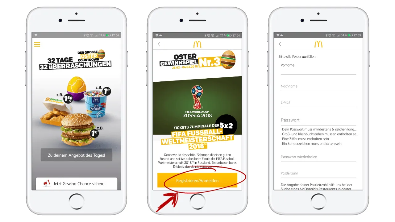 Three iPhones are displayed. On the left one the McDonalds website is opened. The one in the middle shows the easter raffle and the right one shows the registration form for the raffle.