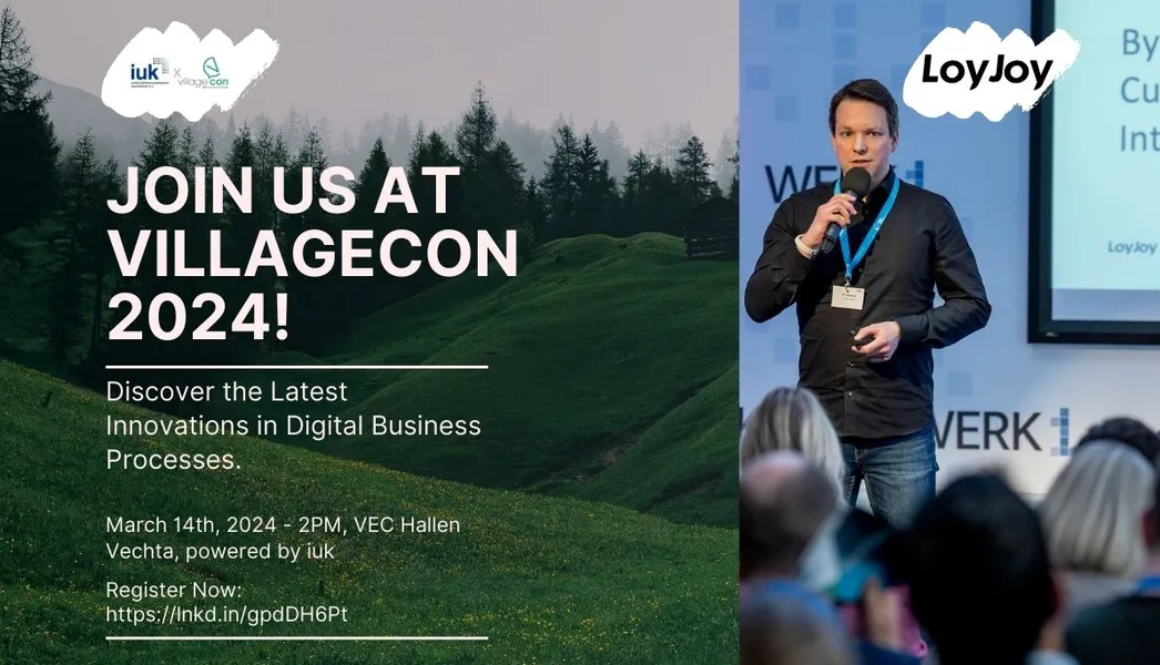 On the left a misty forest. On the right, LoyJoys CEO Ulf Loetschert speaking at a conference.
