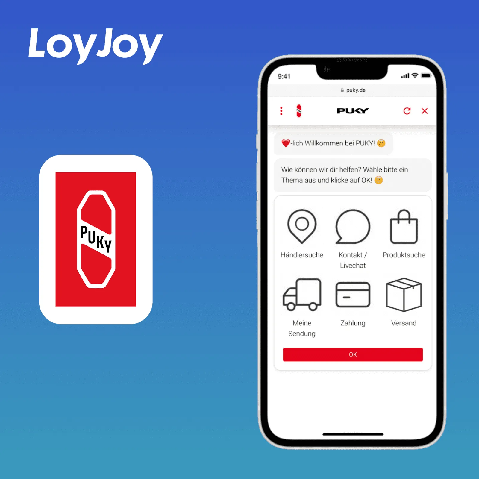 Das Puky Service-Chat-Erlebnis wird auf einem Smartphone dargestellt.