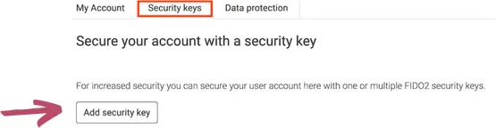 Die Registerkarte "Sicherheitsschlüssel", wo Sie neue Schlüssel hinzufügen können.