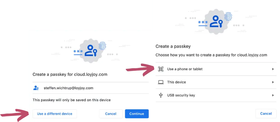 Es öffnet sich das Fenster "Passkey erstellen", in dem Sie verschiedene Geräte als Passkeys hinzufügen können.
