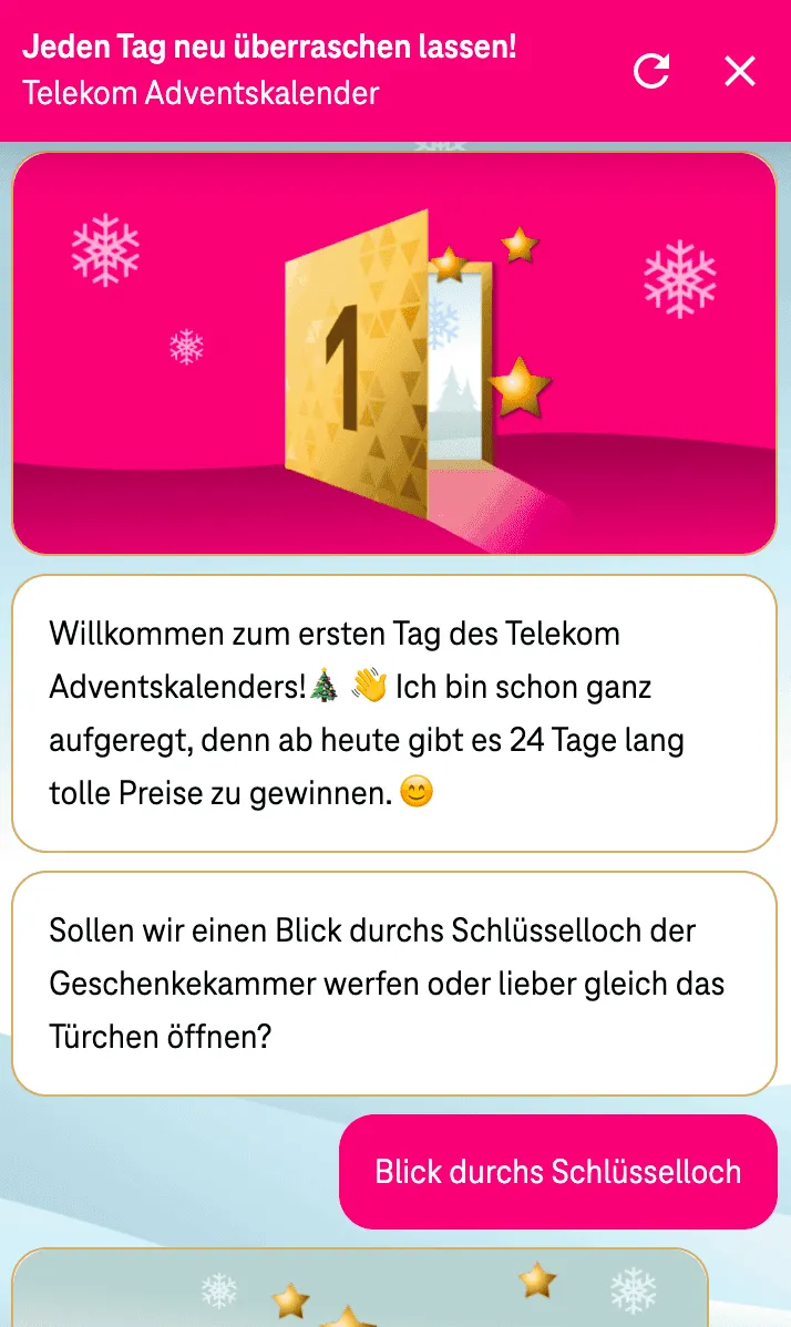 Day one of the Telekom advent calendar opened on a mobile device.