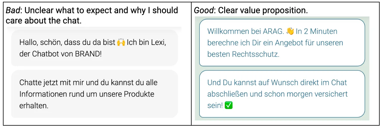 Two chat experiences are shown. A bad example where it is unclear what to expect and why you should care about the chat. And a good example with a clear value proposition.