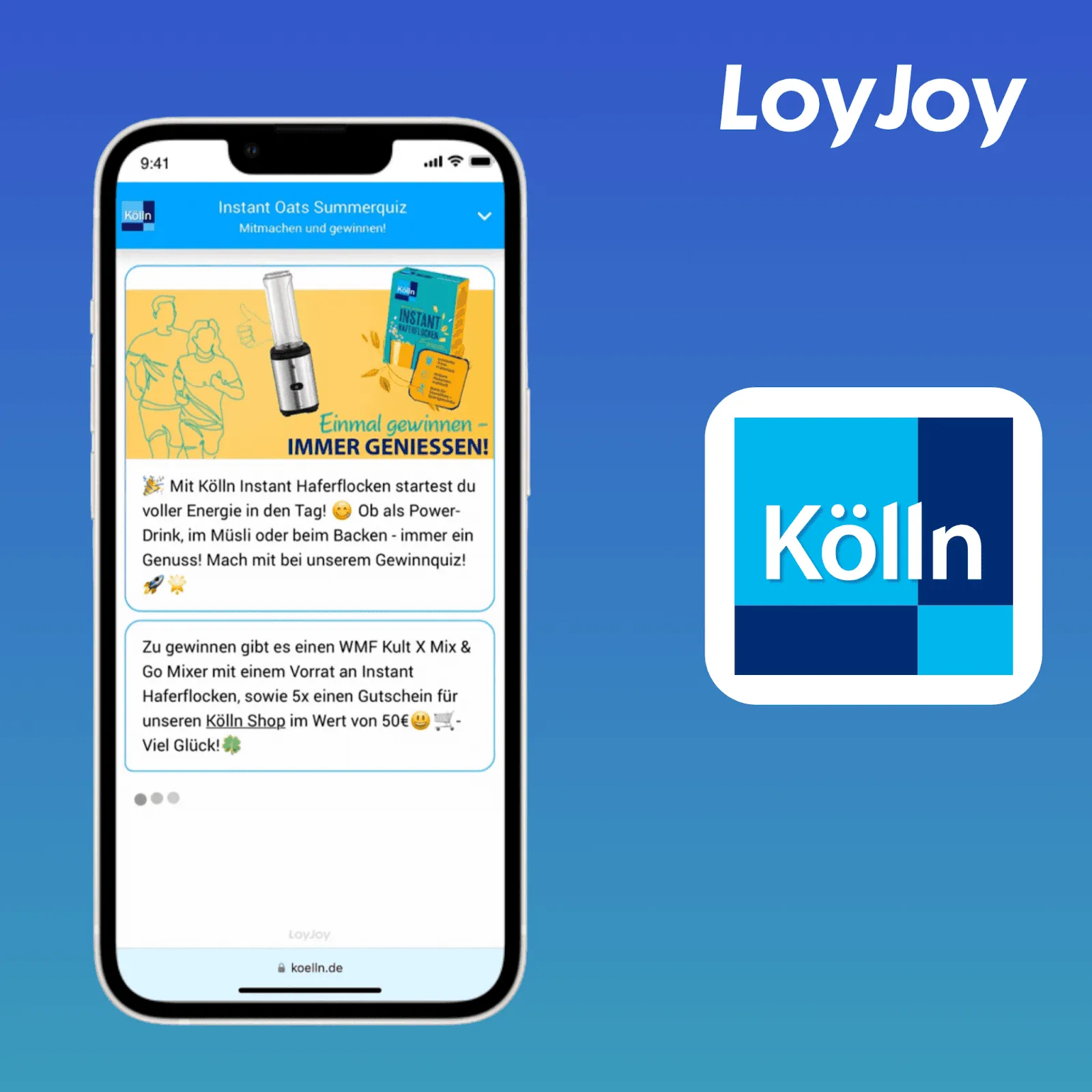 The Kölln raffle experience is displayed on a smartphone.