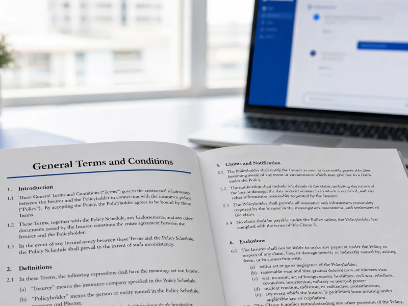 An open insurance policy document next to a chat conversation in which an AI agent answers a coverage question.