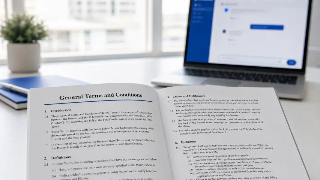 An open insurance policy document next to a chat conversation in which an AI agent answers a coverage question.