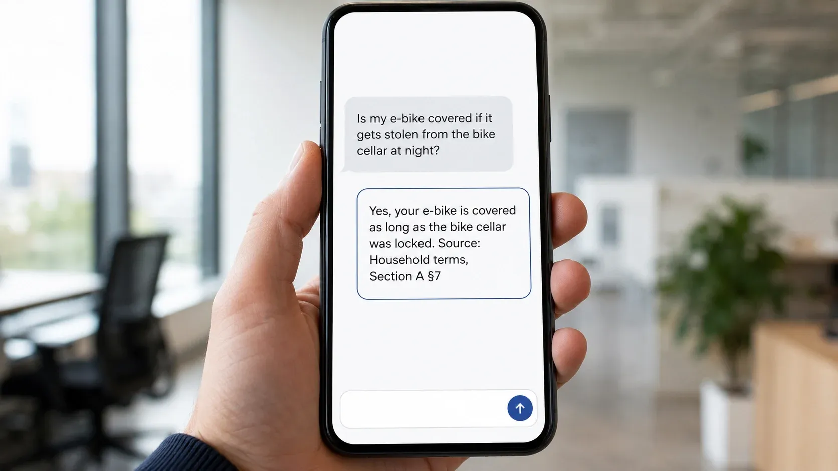 Example dialogue: the AI agent answers a coverage question about e-bike theft with a source reference from the policy document.
