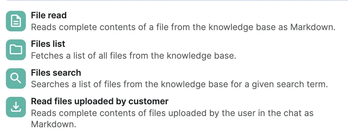 The four file tools of the AI Agent module on the LoyJoy Platform: File read, Files list, Files search, and Read files uploaded by customer.