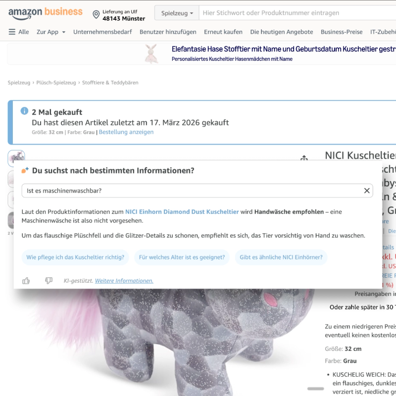 Amazon Rufus answers a product care question directly in the chat window on an Amazon product page
