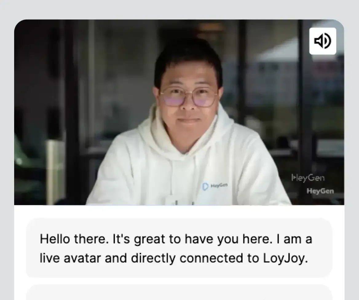HeyGen video avatar in the chat window greeting the user with a natural-sounding voice message.