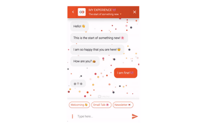 A chat example is shown. When the chat user answers "I'm fine!" to the question "How are you?", the chat continues with animated confetti in the background.