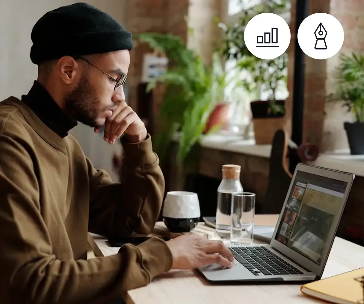 Person at a laptop with icons for analytics chart and content editor, representing Business and CX users.