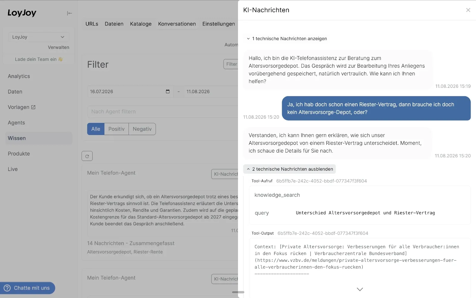 Konversationsdetailansicht im LoyJoy Manager mit Transkript, Tool-Aufruf und Wissenssuche