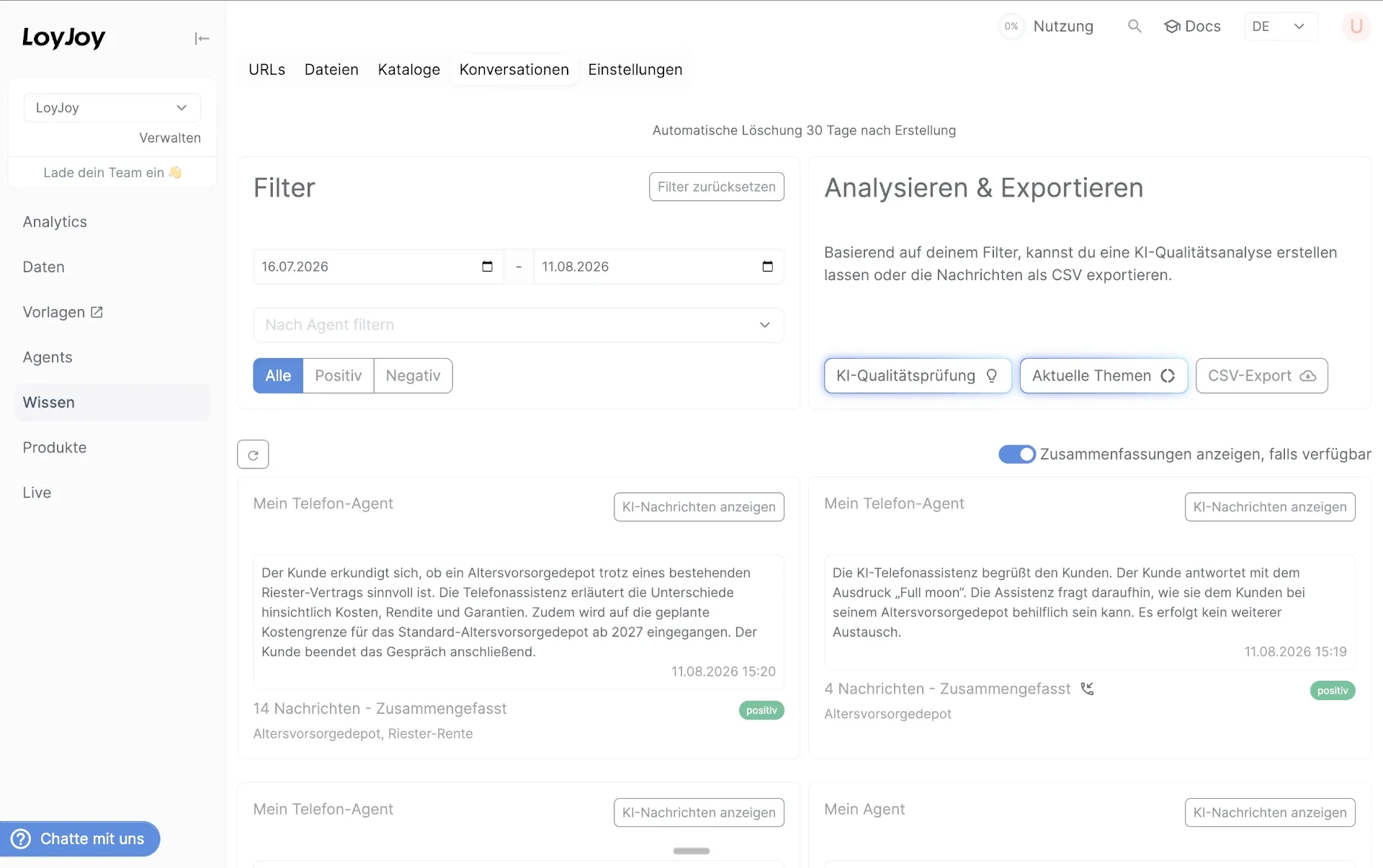 Konversationsübersicht im LoyJoy Manager mit Filtern, Zusammenfassungen und Exportoptionen