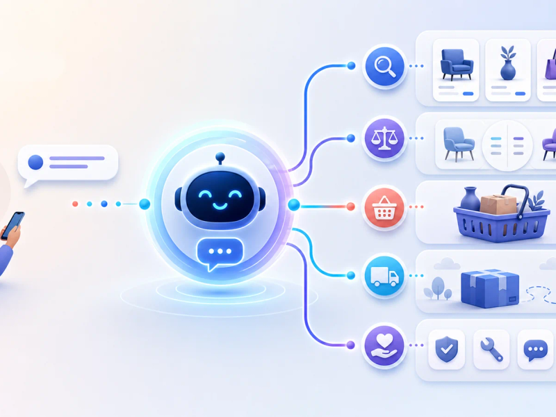 Schematische Illustration eines KI-Einkaufsassistenten entlang der digitalen Customer Journey