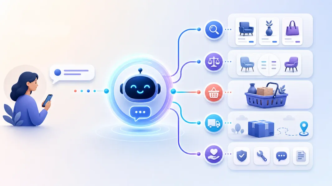 Schematische Illustration eines KI-Einkaufsassistenten entlang der digitalen Customer Journey