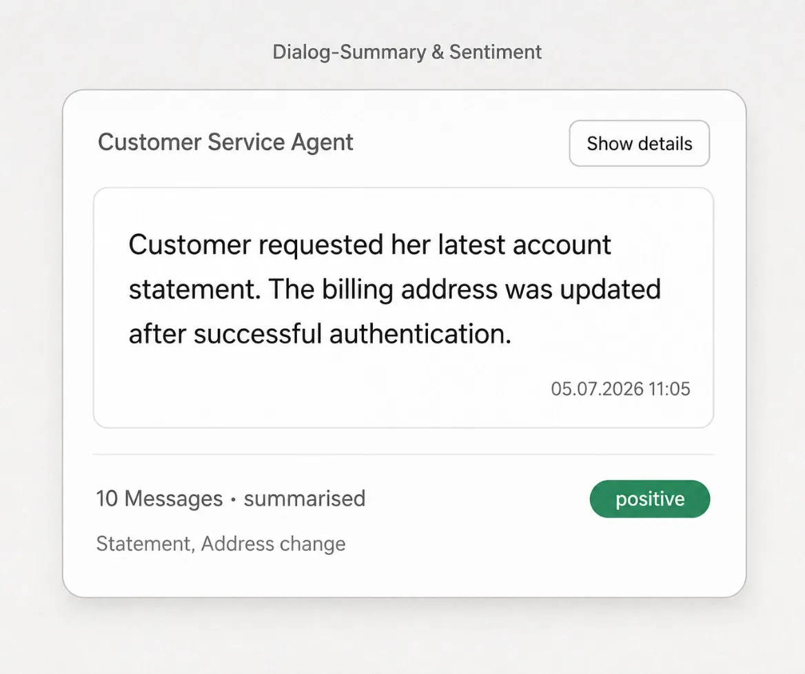 Sample view of an AI-generated conversation summary with positive sentiment rating and topic tags.