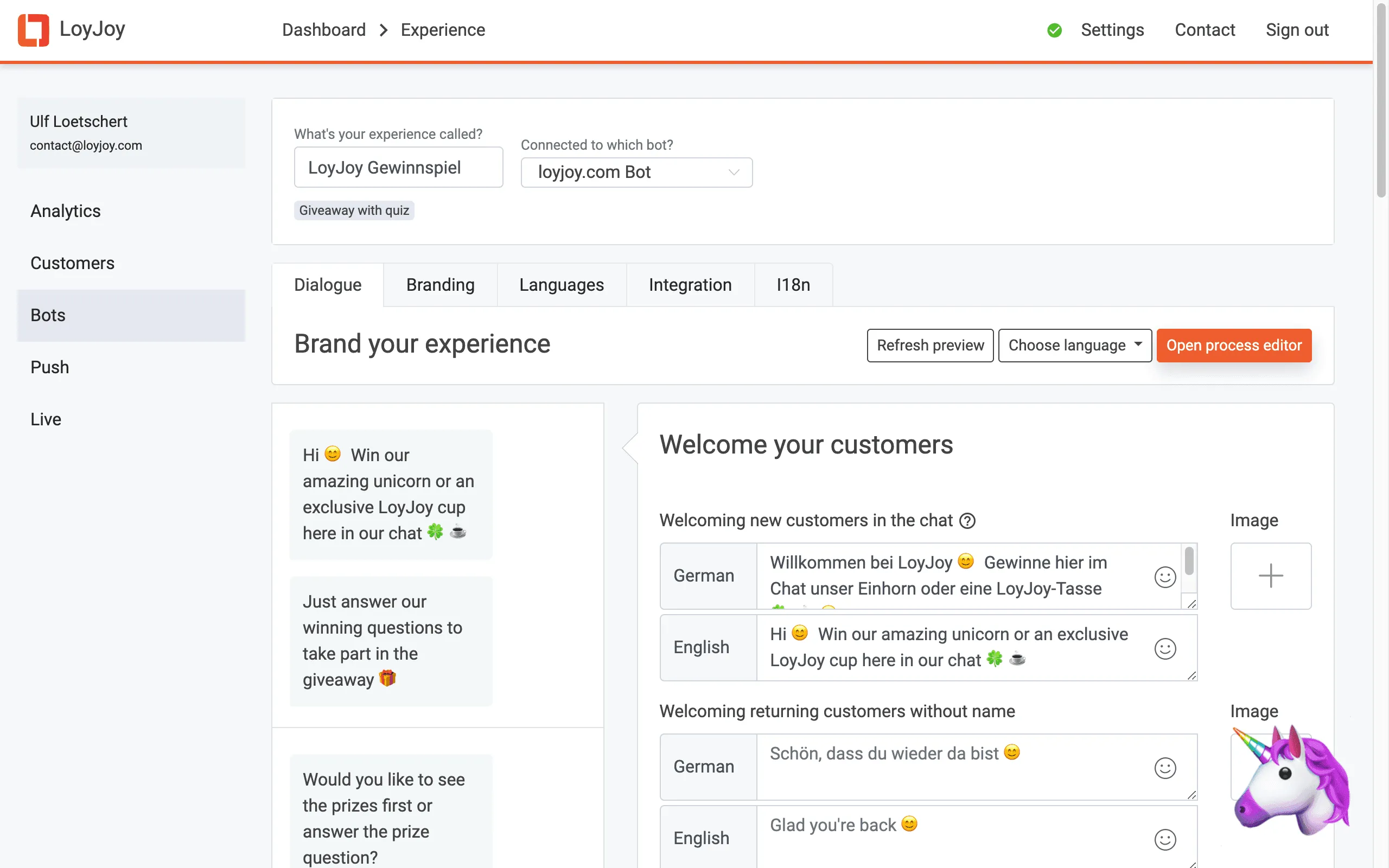 An example for a created experience with the LoyJoy platform is shown. It shows the different edit options to modify the experience.  