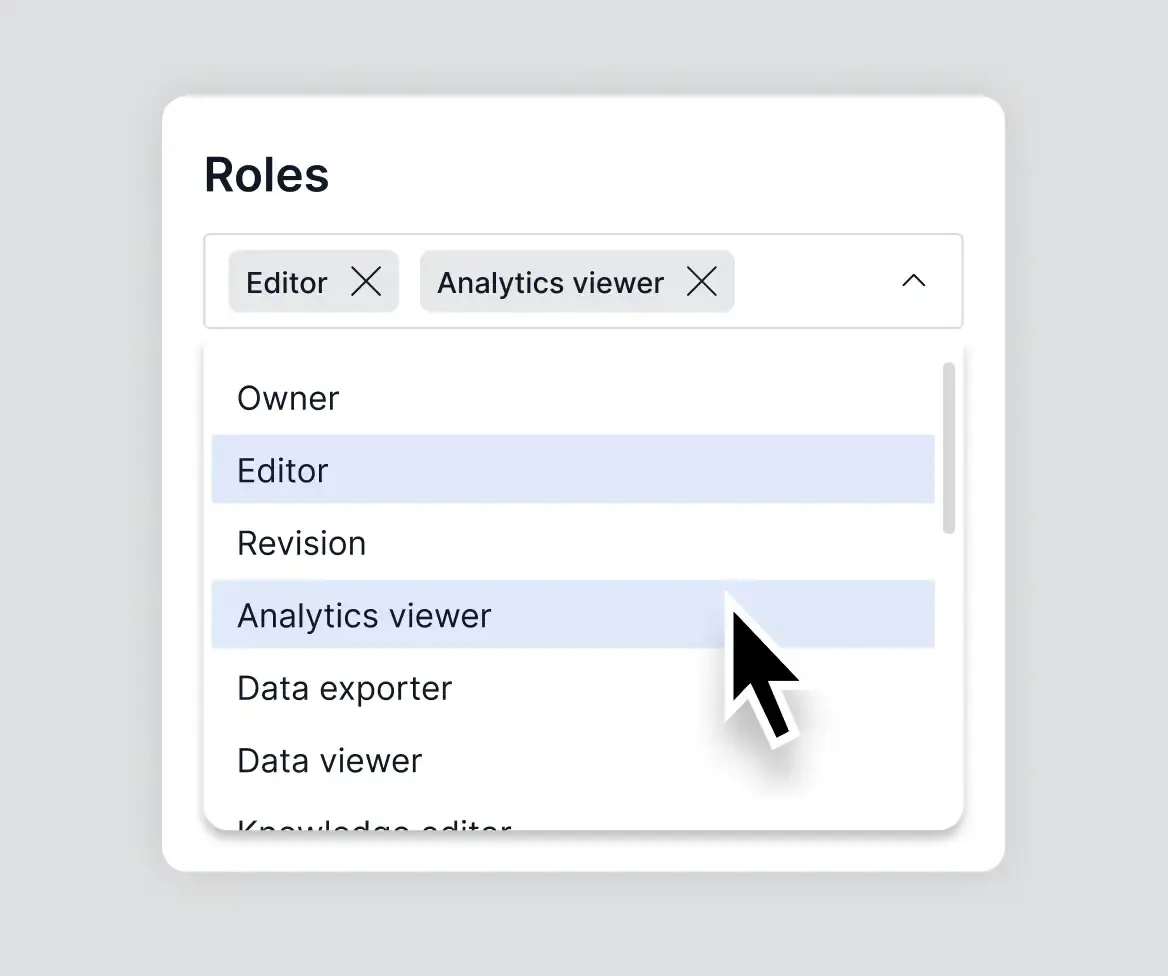 Roles selector with options such as Owner, Editor, Revision, Analytics viewer and Data exporter for granular permissions.