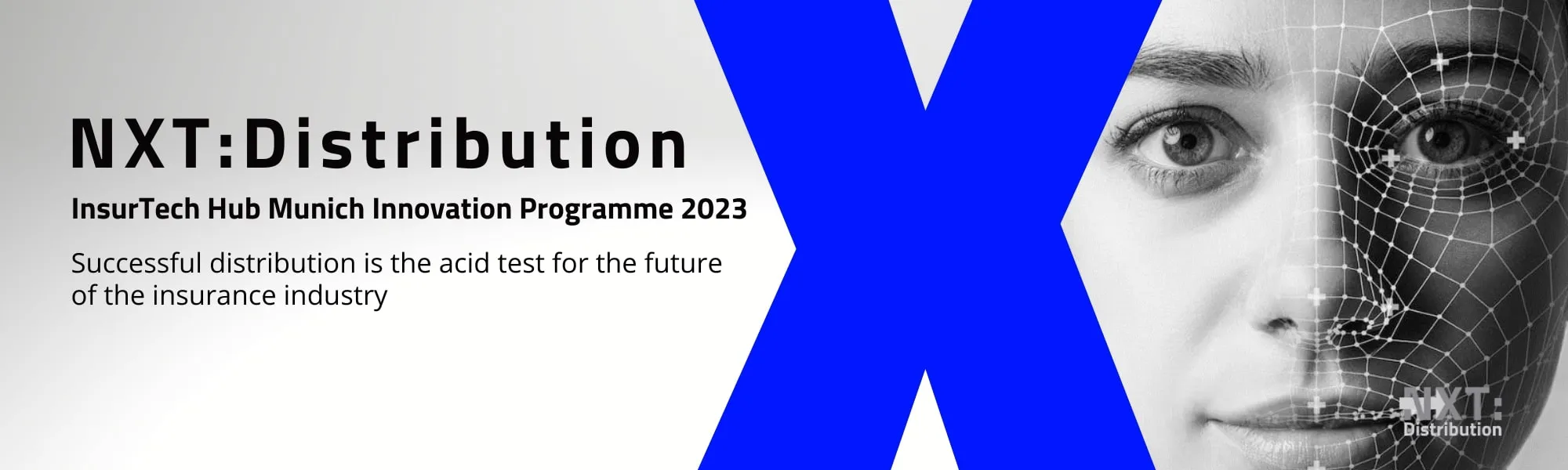 Woman's face with digital grid, 'NXT:Distribution' and event details.