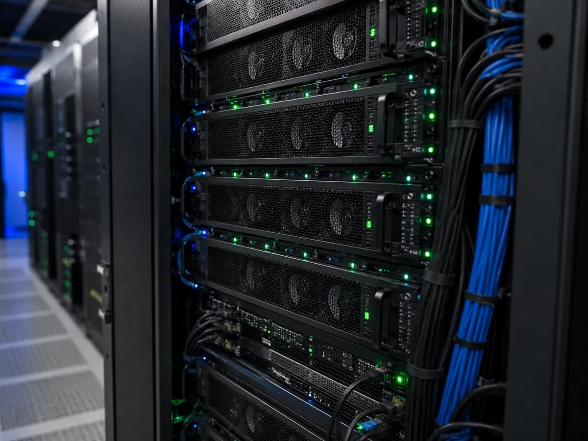 Serverschrank mit aktiven Netzwerk- und Status-LEDs im LoyJoy-Rechenzentrum in Münster.