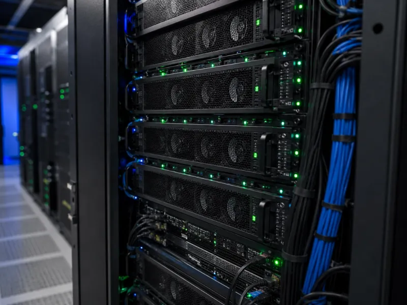 Serverschrank mit aktiven Netzwerk- und Status-LEDs im LoyJoy-Rechenzentrum.