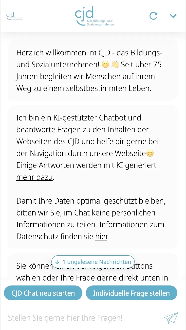 Greeting and transparency notice from the AI assistant