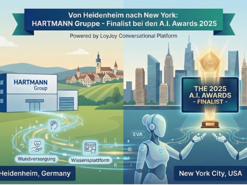 Illustrierte Grafik, die den Weg der HARTMANN Gruppe von Heidenheim nach New York zeigt, wo zwei KI-Avatare einen Finalist bei den A.I. Awards 2025 präsentieren.