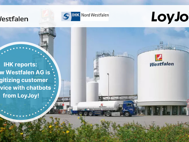 An image showing a Westfalen AG building with a reference to the IHK report on the chatbots developed on the LoyJoy platform for Westfalen AG.