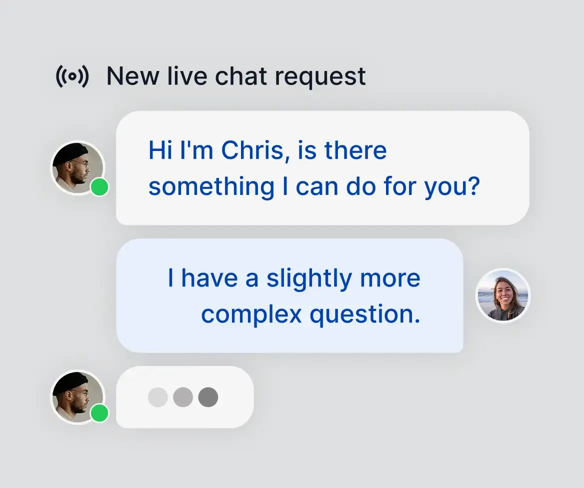 Live chat request with an agent bubble, user reply and a typing live agent at the handover moment.